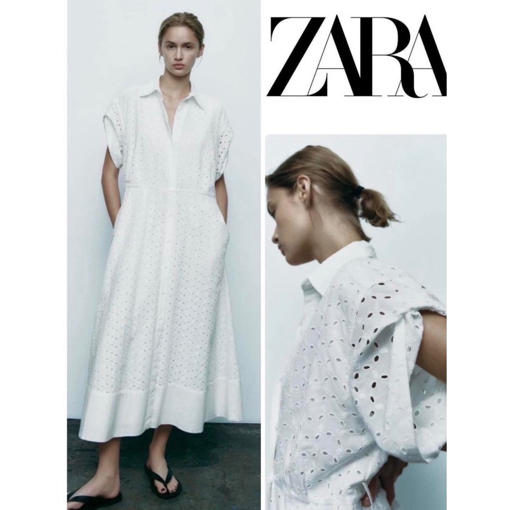 Zara Shirt Dress cotton XXL White NEW Eyelet Embroidered Midi Short Sleeve Tie